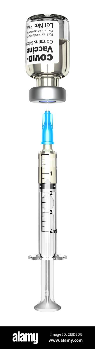 covid vaccine,  syringe withdrawing vaccination from vial. White background. immunisation, covid-19. Close up. Stock Photo