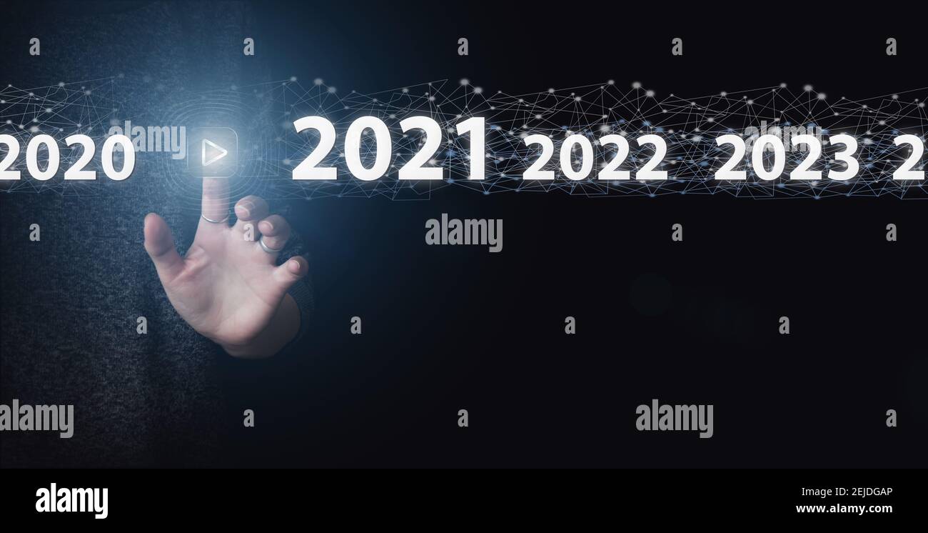 Hand touching global network and data customer connection with the 2021 year on dark blue background. Social networking scheme. Stock Photo