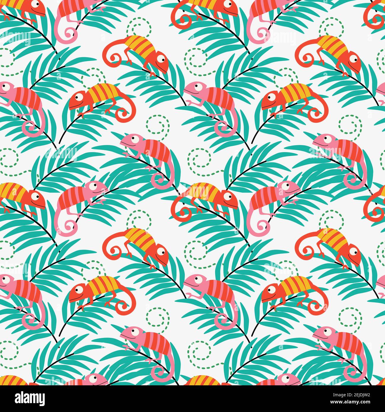 Colorful chameleon seamless pattern. Funny characters in cartoonish style. Tropical leaves pattern of chameleons. Stock Vector