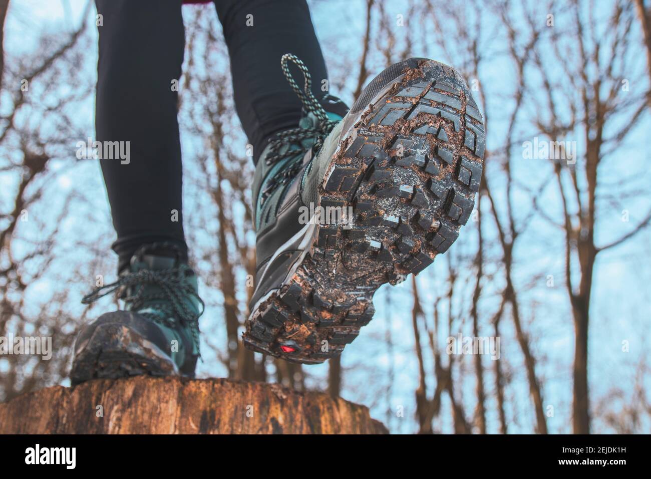 Close up view from underneath of hiking boots being worn on a forest trail as the hiker takes a step over Stock Photo