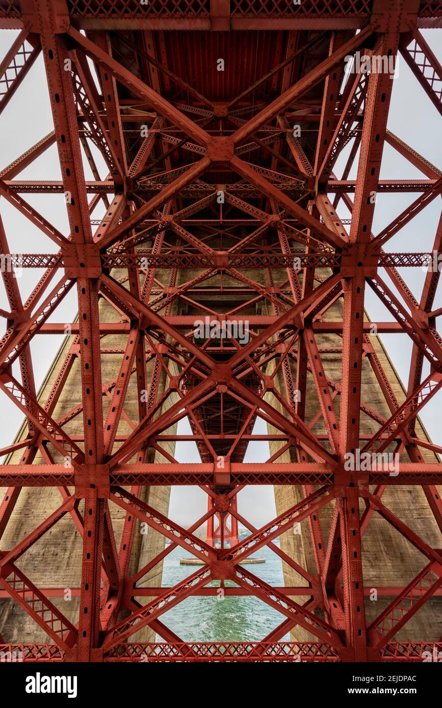 Low angle view of detail of structure of Golden Gate Bridge, San Francisco Bay, San Francisco, California, USA Stock Photo