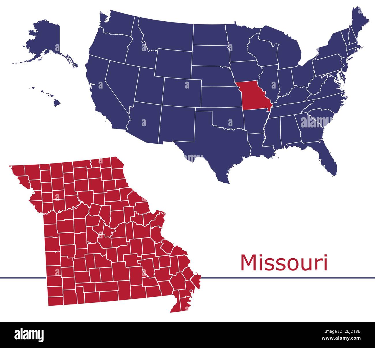 Missouri counties vector map outline with USA map colors national flag Stock Vector