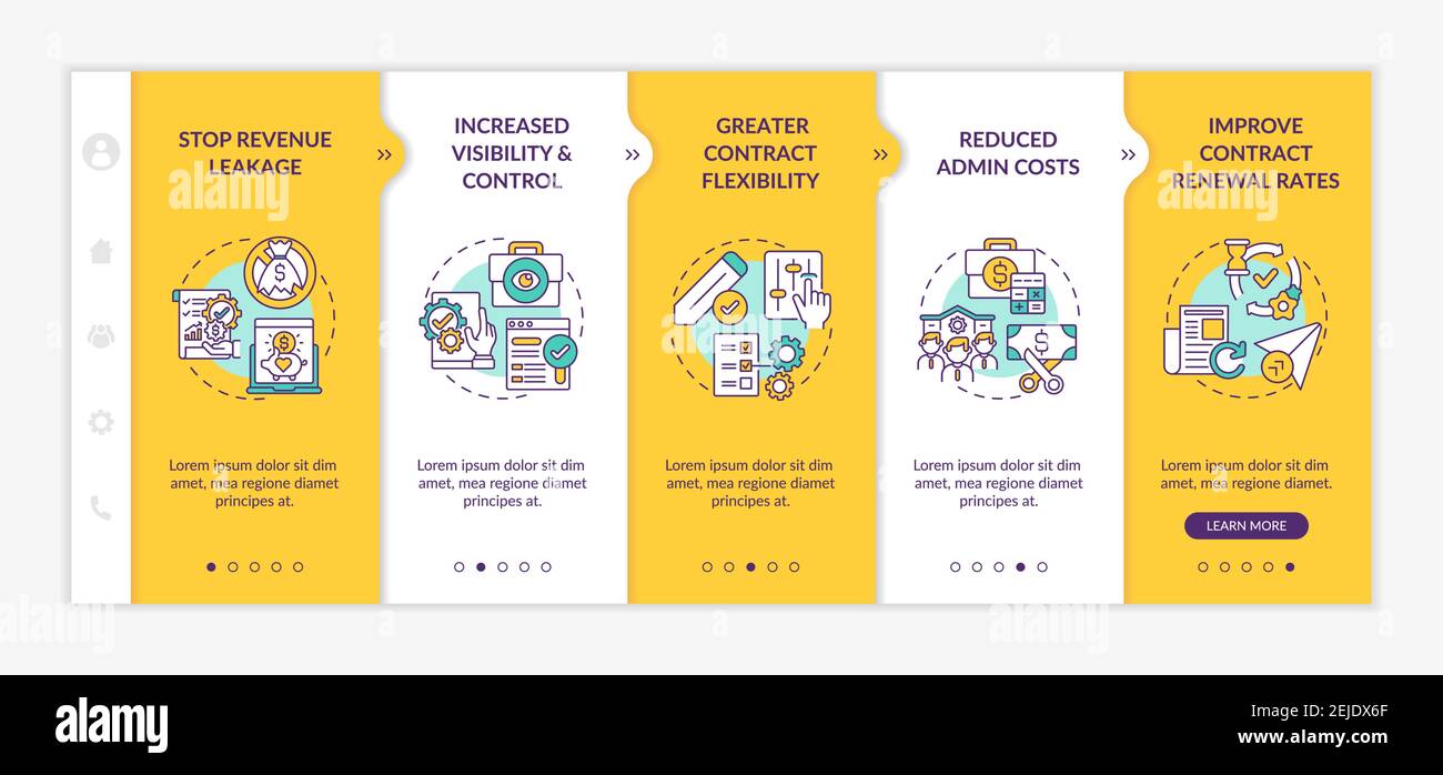 Contract management automation benefits onboarding vector template Stock Vector