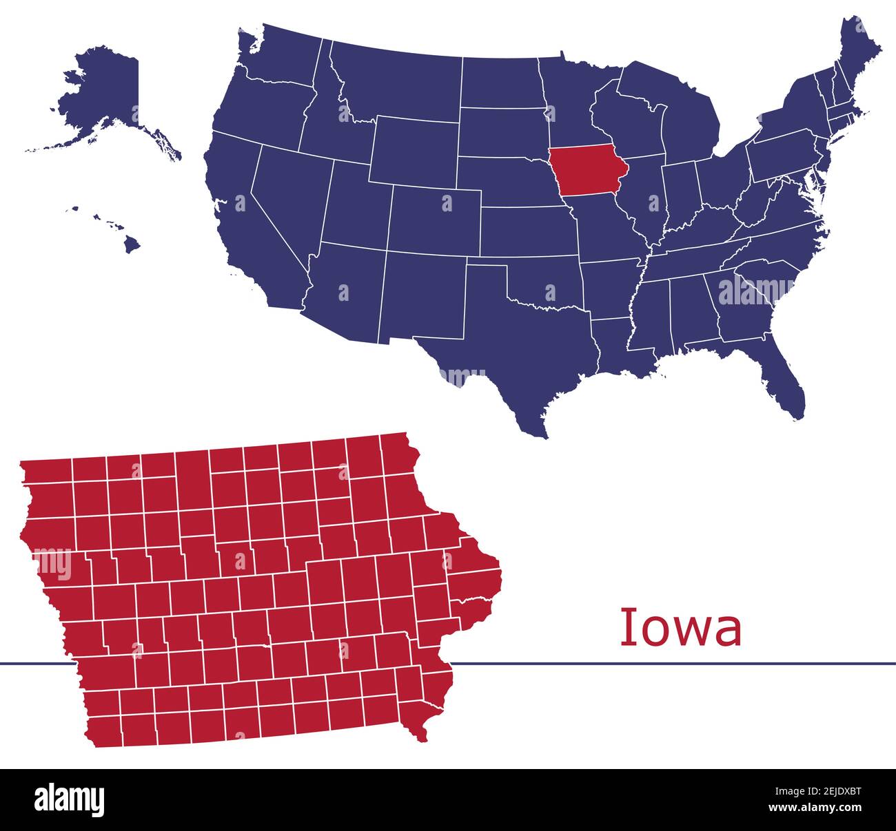 Iowa counties vector map outline with USA map colors national flag Stock Vector