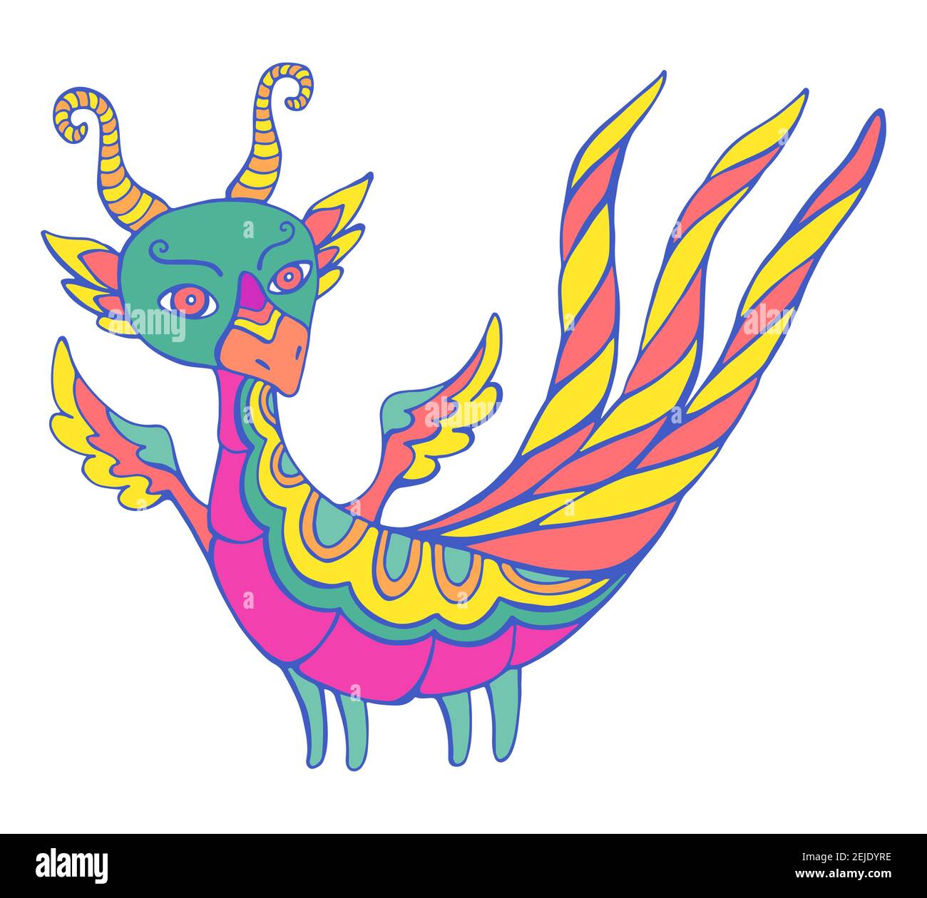 Colorful fantasy cartoon Dragon with wings, horns and three tails, isolated in white. Stock Vector