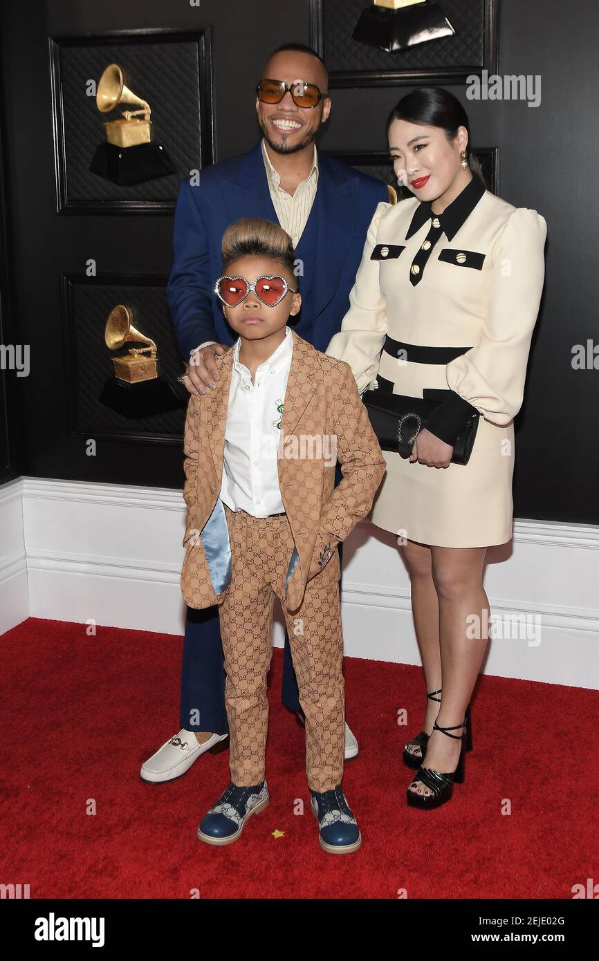 Anderson Paak, Soul Rasheed, Jae Lin arrive at the 62nd Annual Grammy Awards red carpet held at the Staples Center on January 26, 2020 in Los Angeles, California, United States. (Photo by Sthanlee B. Mirador/Sipa USA) Stock Photo
