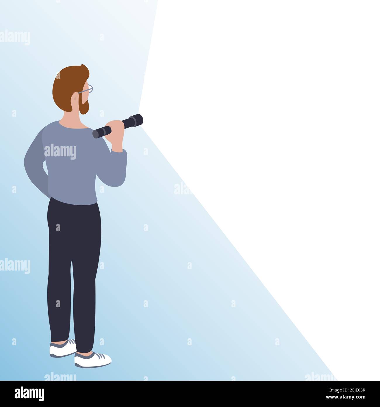 A young man stands with a flashlight on. Empty space for text. Vector template illustration. Stock Vector