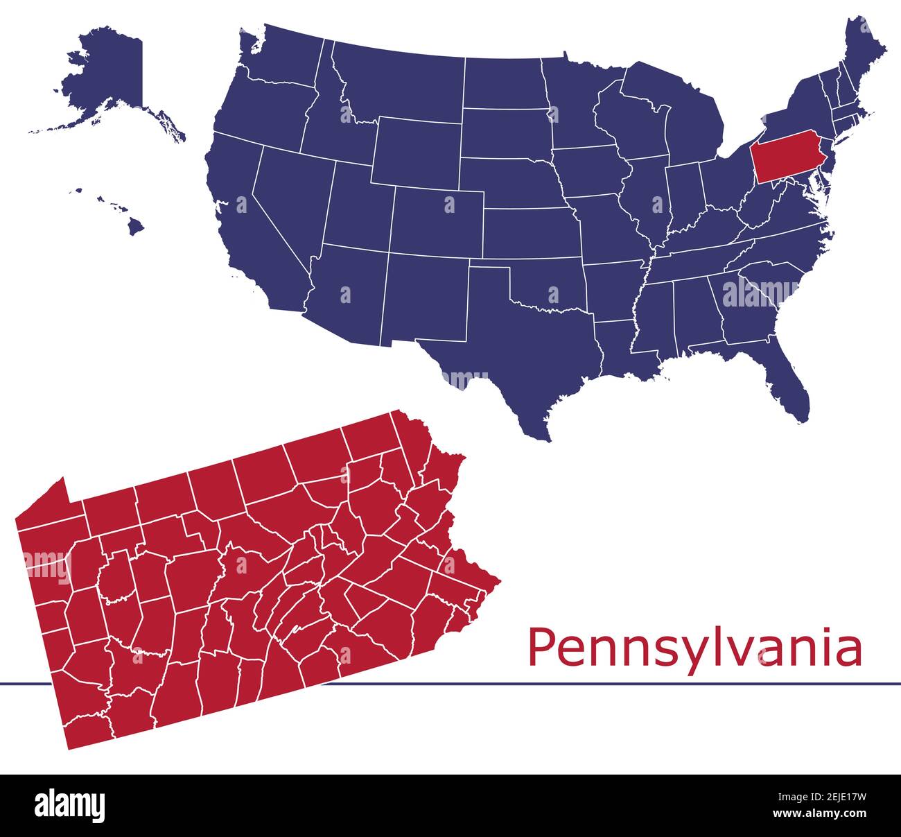 Pennsylvania counties vector map outline with USA map colors national flag Stock Vector