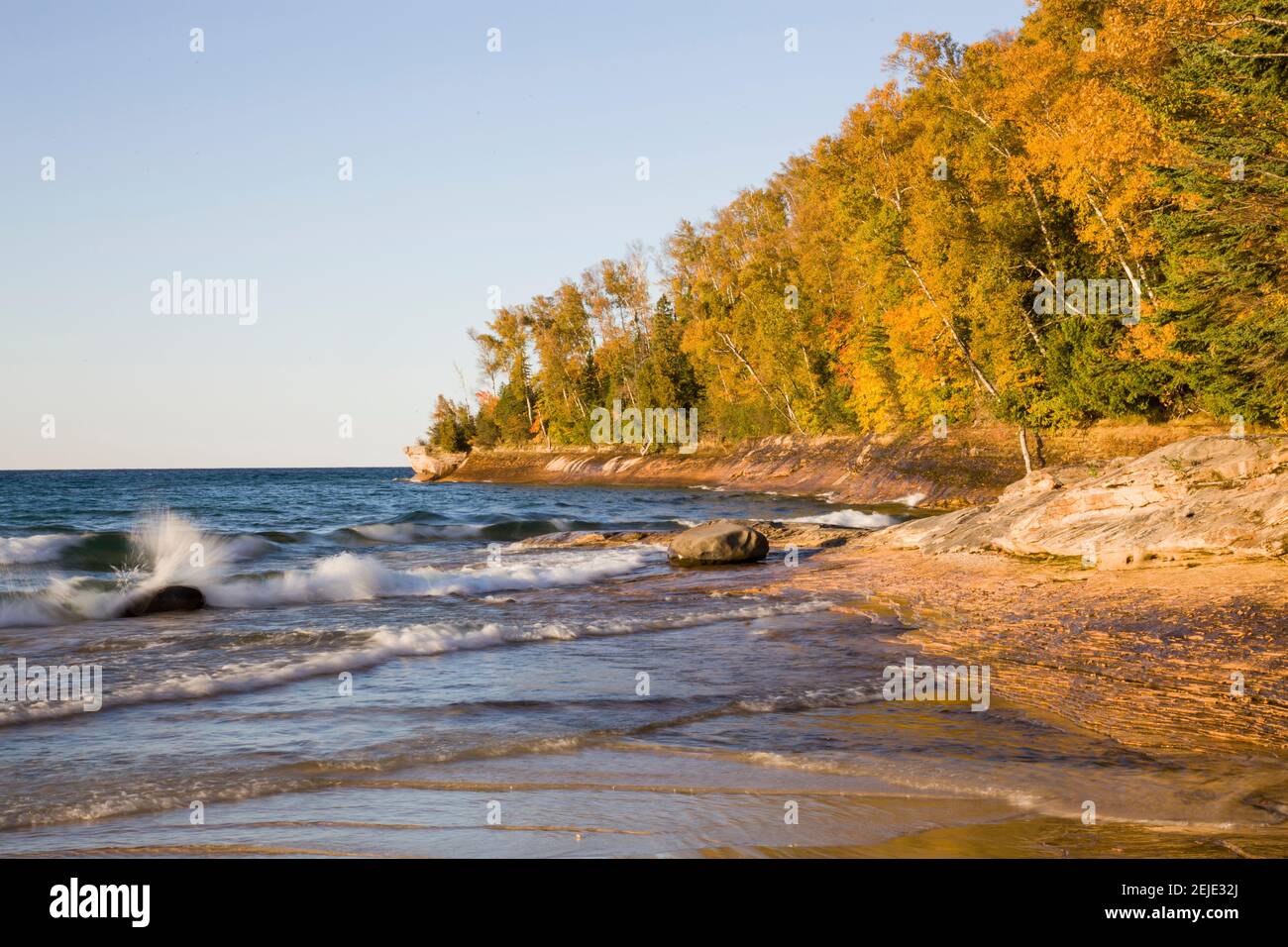Autumn trees on the coast, Miners Beach, Pictured Rocks National Lakeshore, Alger County, Michigan, USA Stock Photo