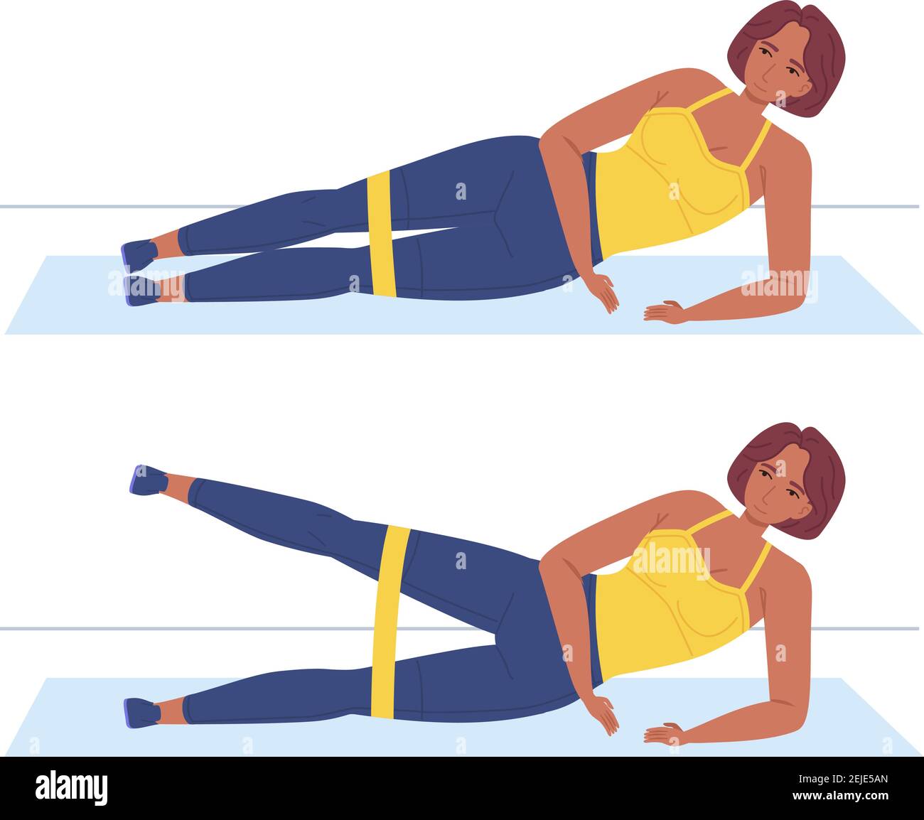 Black african girl practicing lift legs side lying on mat. home sport, healthy lifestyle, home leisure, self training, weight loss concept. Stock Stock Vector