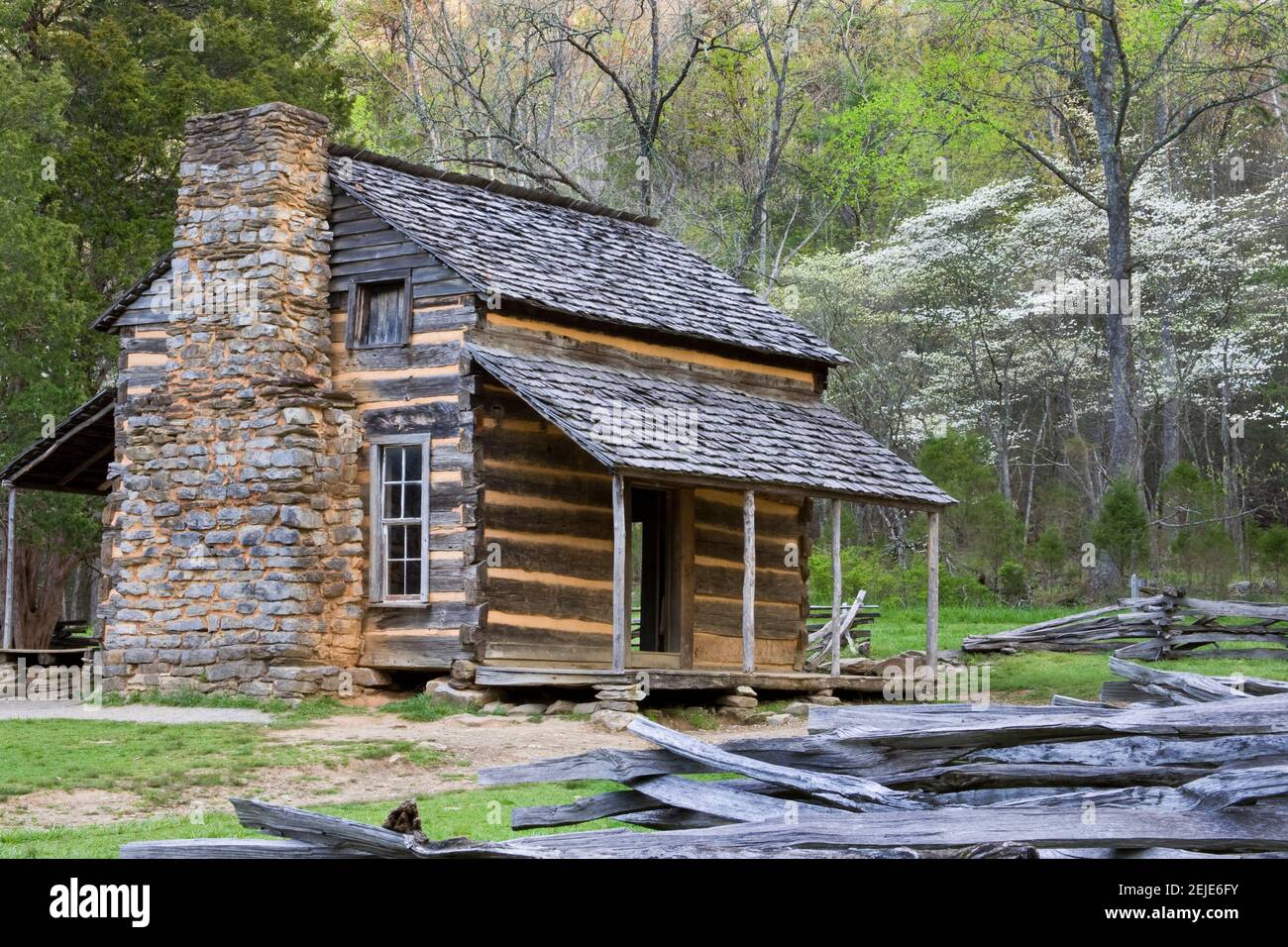John Oliver Cabin in a forest, Cades Cove, Great Smoky Mountains National Park, Tennessee, USA Stock Photo