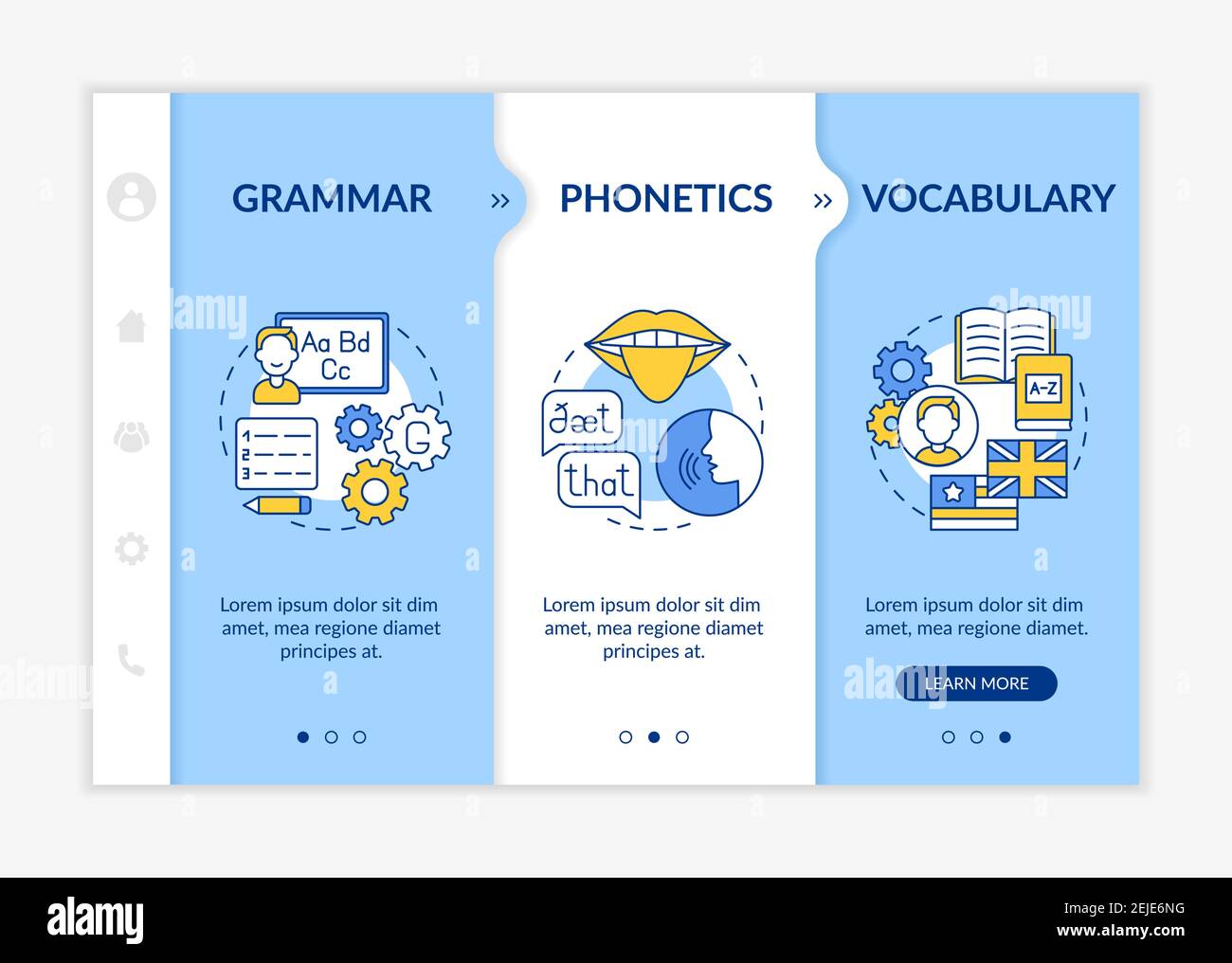 Foreign language learning categories onboarding vector template Stock