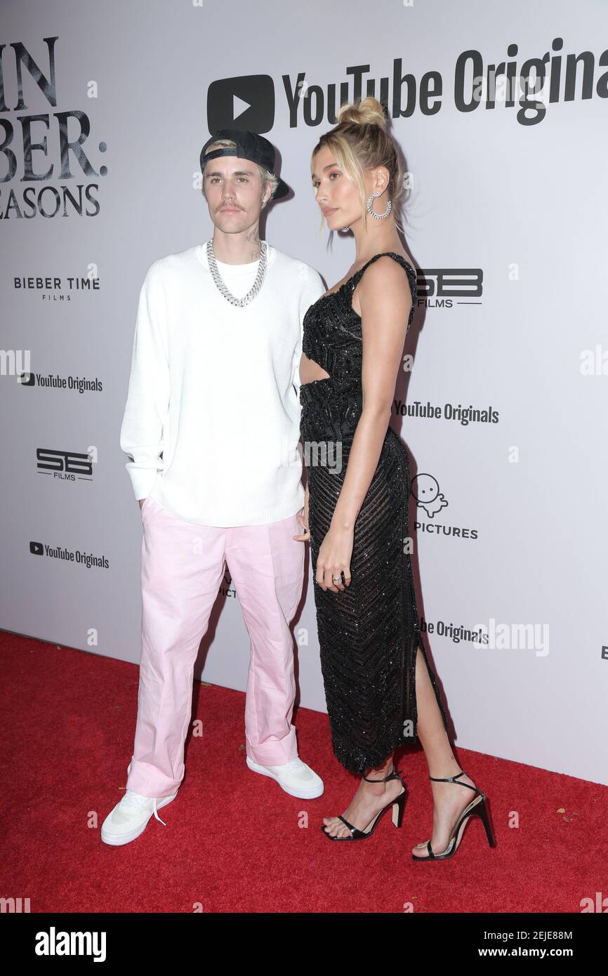 Justin Bieber and Hailey Rhode Bieber walking the red carpet at the  Premiere Of YouTube Originals' "Justin Bieber: Seasons" held at Regency  Bruin Theatre on January 27, 2020 in Los Angeles, California
