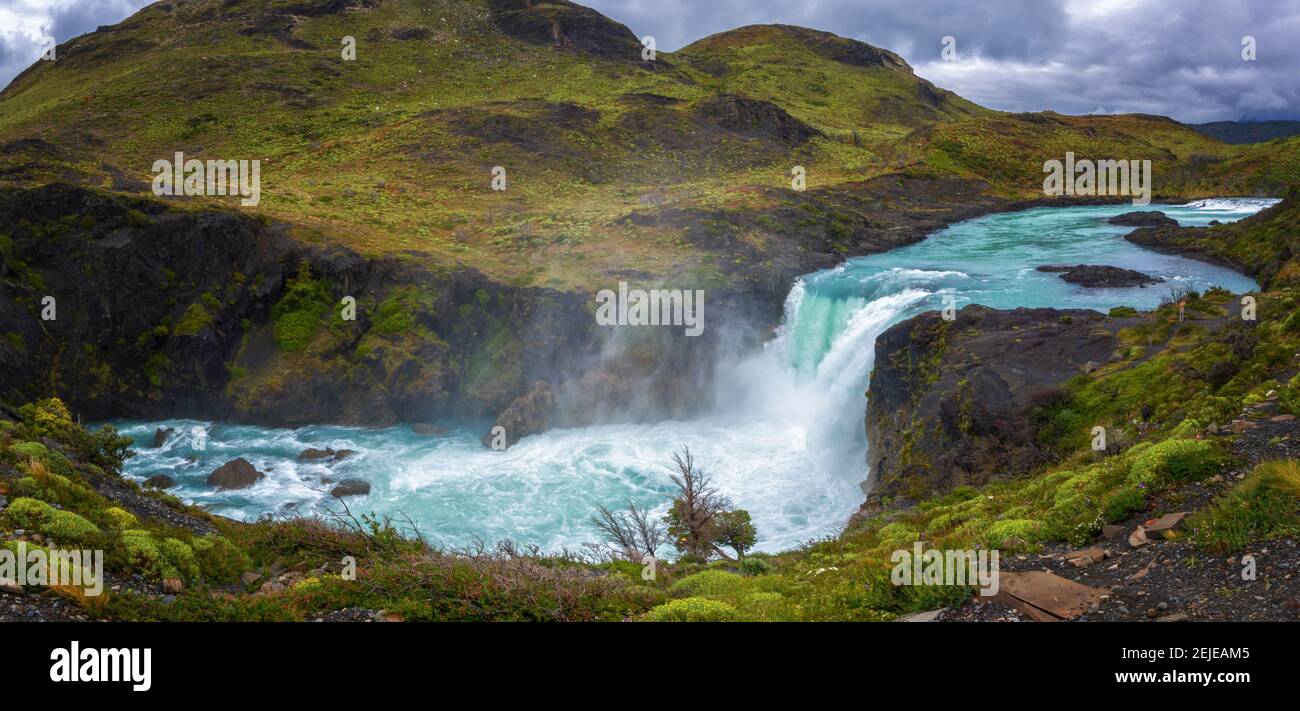 Elevated view of the Salto Grande falls, Paine River, Torres del Paine National Park, Patagonia, Chile Stock Photo