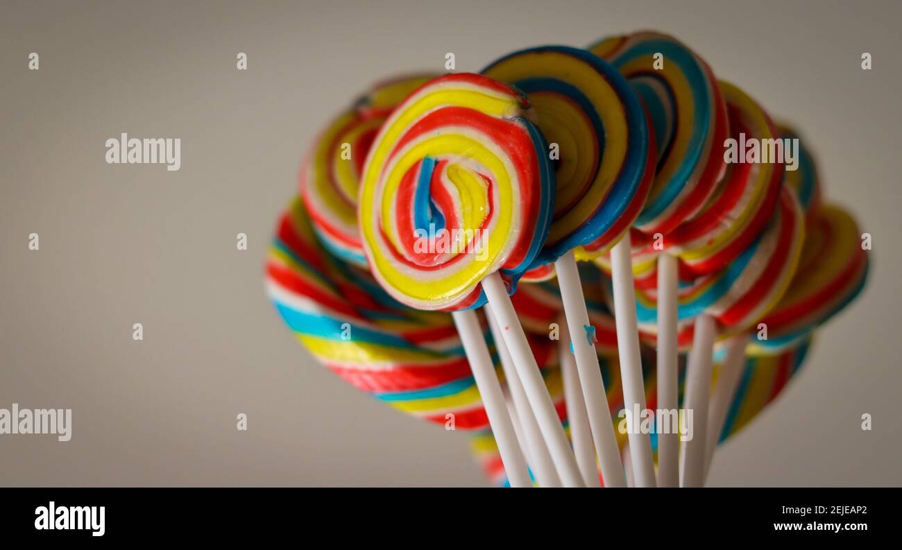 Beautiful colorful lollipops, a great suggestion to decorate children's birthday tables. Stock Photo