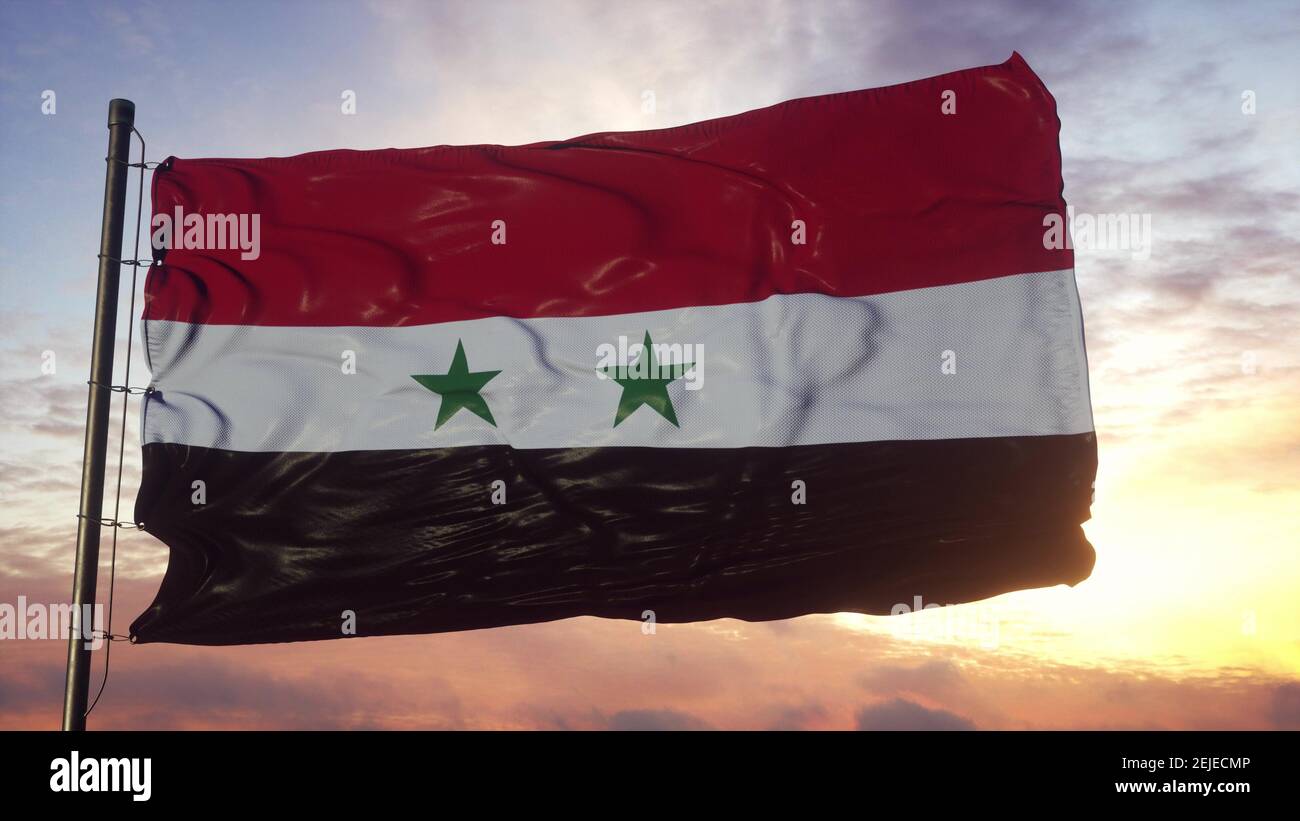 Flag of Syria on a Flagpole Flutters in the Wind Against the Sky