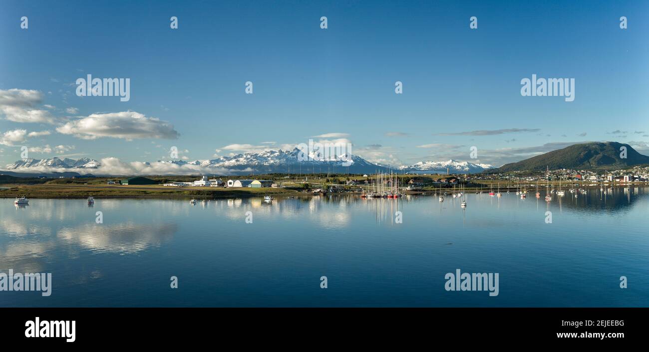 Small boat harbor by old airport in Ushuaia, Tierra del Fuego Province, Argentina Stock Photo