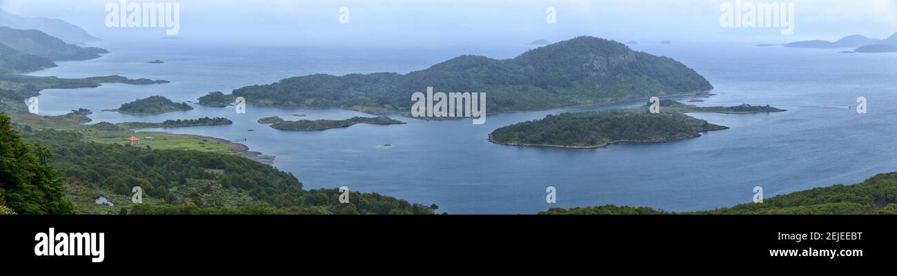 High angle view of Bahia Wulaia bay, Murray Channel, Tierra del Fuego, Chile Stock Photo