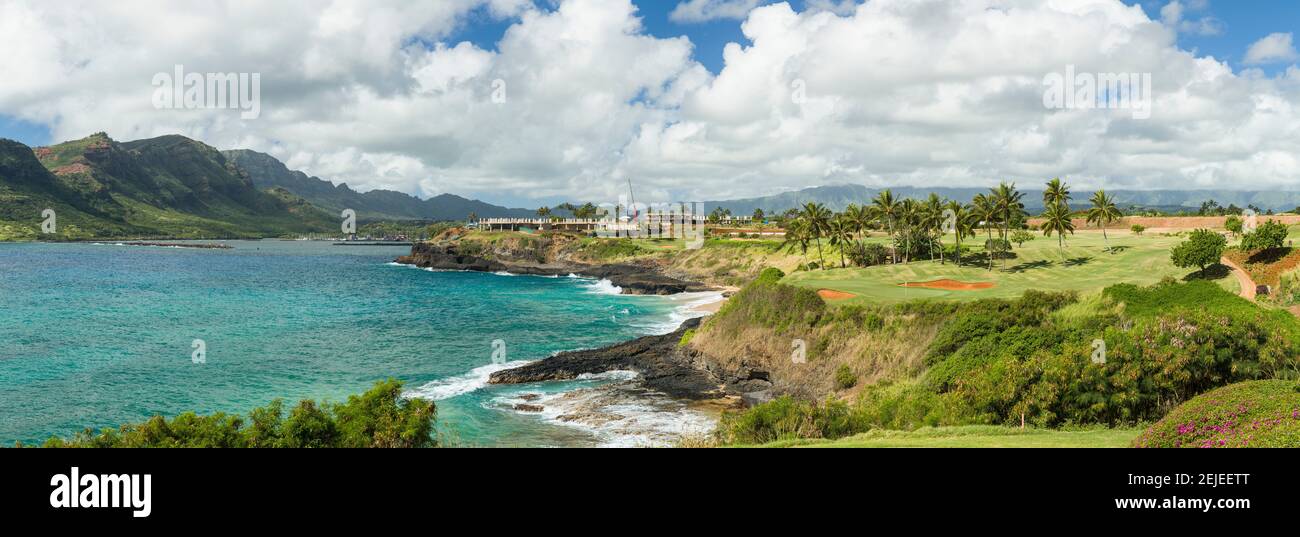 Golf course at coast, Nawiliwili Harbor, Lihue, Kauai County, Hawaii, USA Stock Photo Alamy