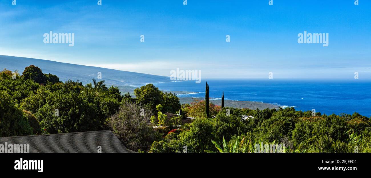 High angle view from South Kona with Mauna Loa, Captain Cook, Hawaii, USA Stock Photo