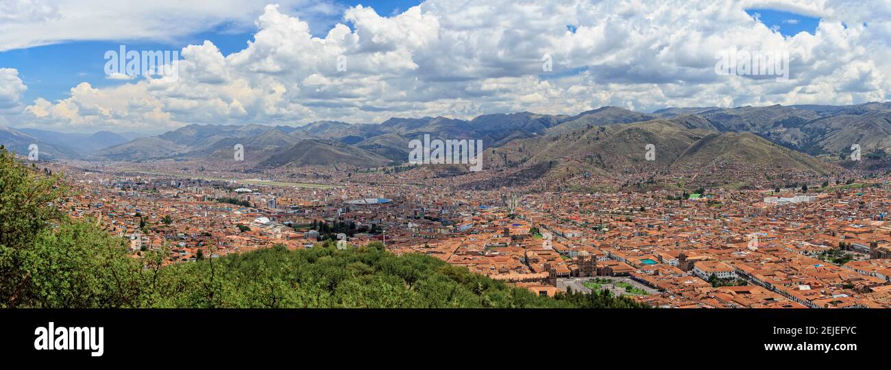 Elevated view of cityscape from Saksaywaman, Cusco City, Cusco, Peru Stock Photo