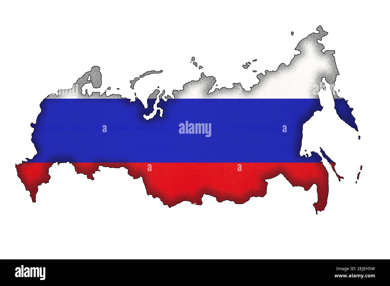 Russia border silhouette with national flag isolated on white background with copy space. Contour of world european country on geography map. Russian Stock Photo