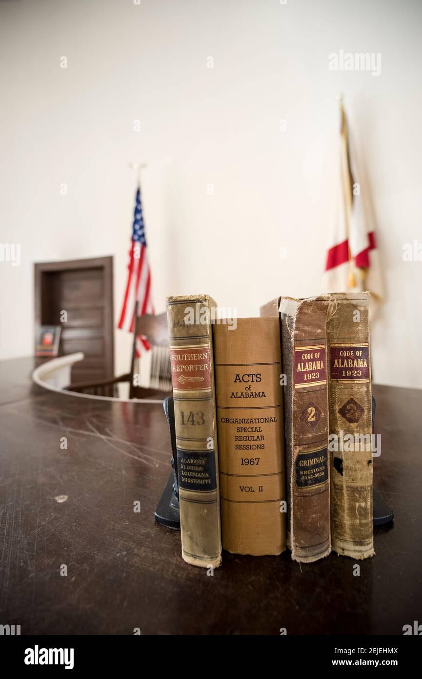 1930s era Alabama law books in the courtroom of the Old Monroe County