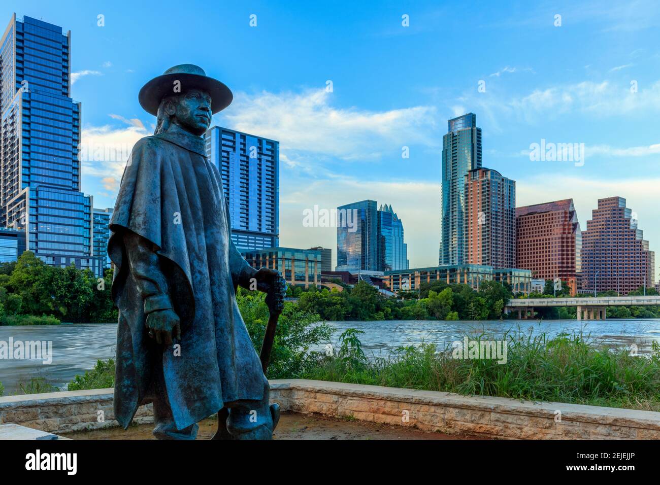 Statue of Stevie Ray Vaughan on the shore of Lady Bird Lake in downtown