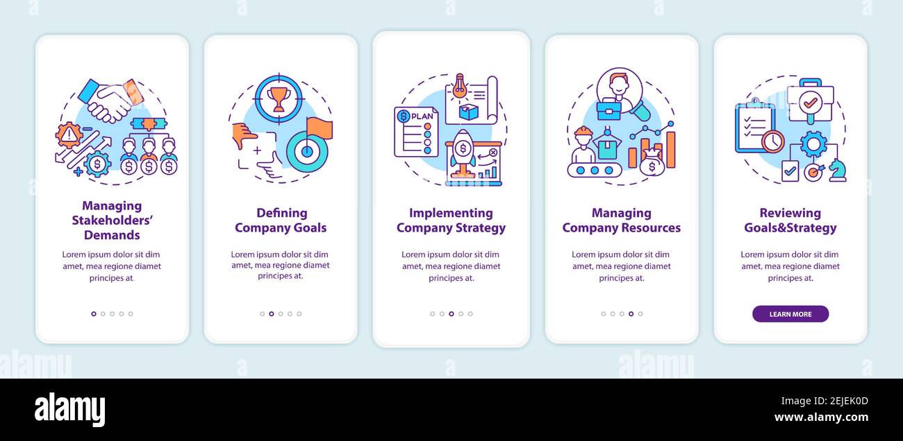 Top management tasks onboarding mobile app page screen with concepts Stock Vector