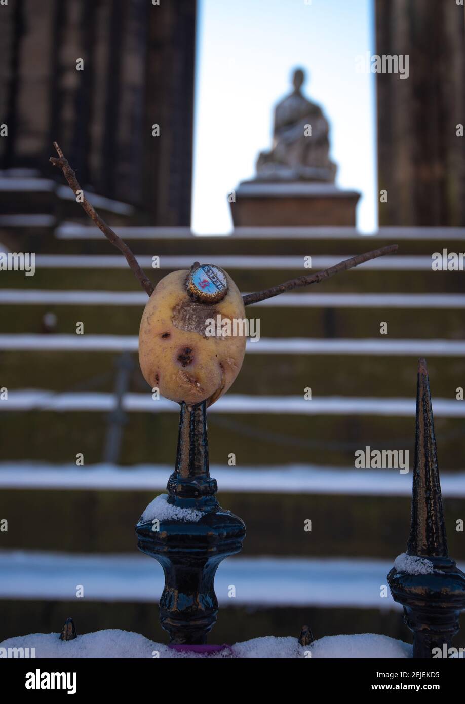 Funny Scottish humour, DIY Mr Potato Head with beer bottle face and stick arms by the Scott Monument, Edinburgh. Stock Photo