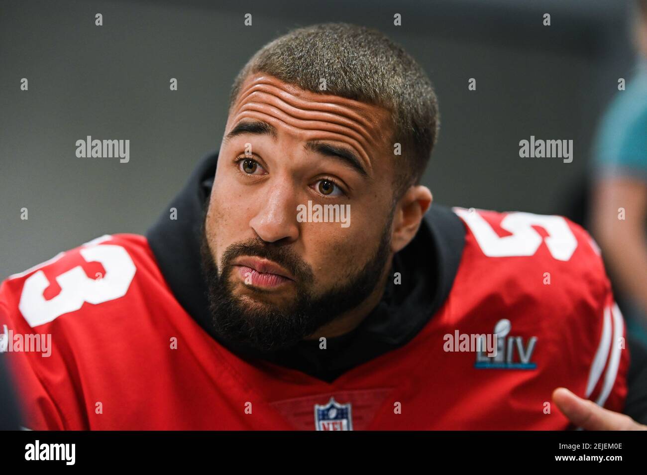 San Francisco 49ers #53 linebacker Mark Nzeocha during the Super Bowl LIV  San Francisco 49ers media availability held at the Hyatt Regency in Miami,  Florida on Jan. 29, 2020. (Photo by Anthony