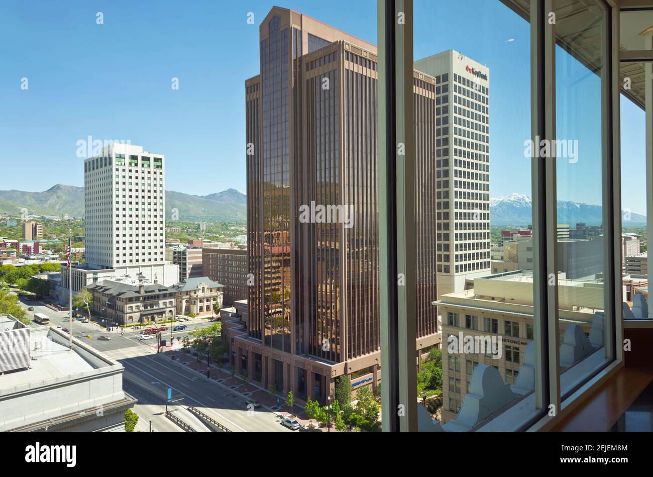 Cityscape seen through from a window, Salt Lake City, Utah, USA Stock Photo
