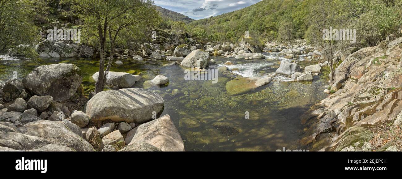 River flowing through rocks, River Jerte, Valle Del Jerte, Caceres, Caceres Province, Extremadura, Spain Stock Photo