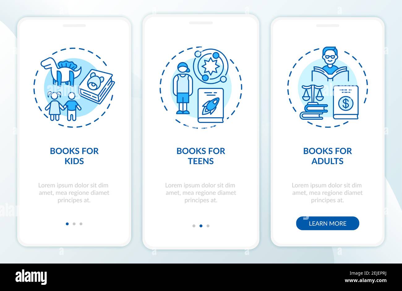Online library categories onboarding mobile app page screen with concepts Stock Vector