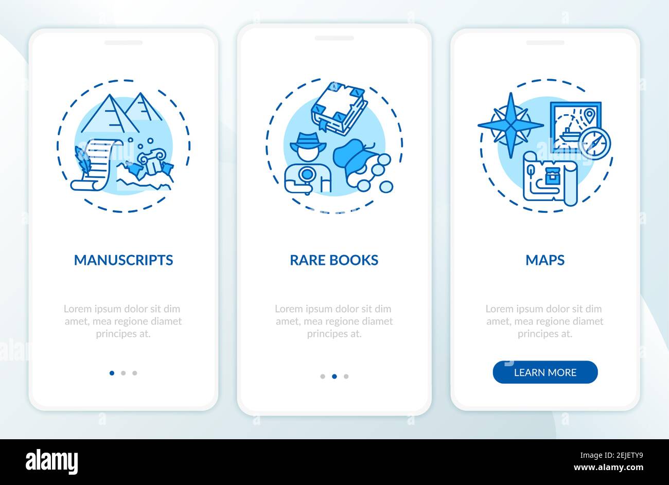 Archive collections onboarding mobile app page screen with concepts Stock Vector