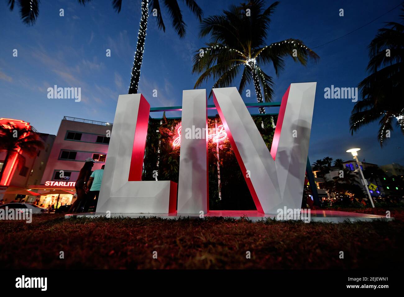 Jan 30, 2020; Miami, Florida, USA; A general view of the Super Bowl LIV logo off of Ocean Dr. in South Beach Miami prior to Super Bowl LIV between the San Francisco 49ers at Kansas City Chiefs. Mandatory Credit: Jasen Vinlove-USA TODAY Sports/Sipa USA Stock Photo
