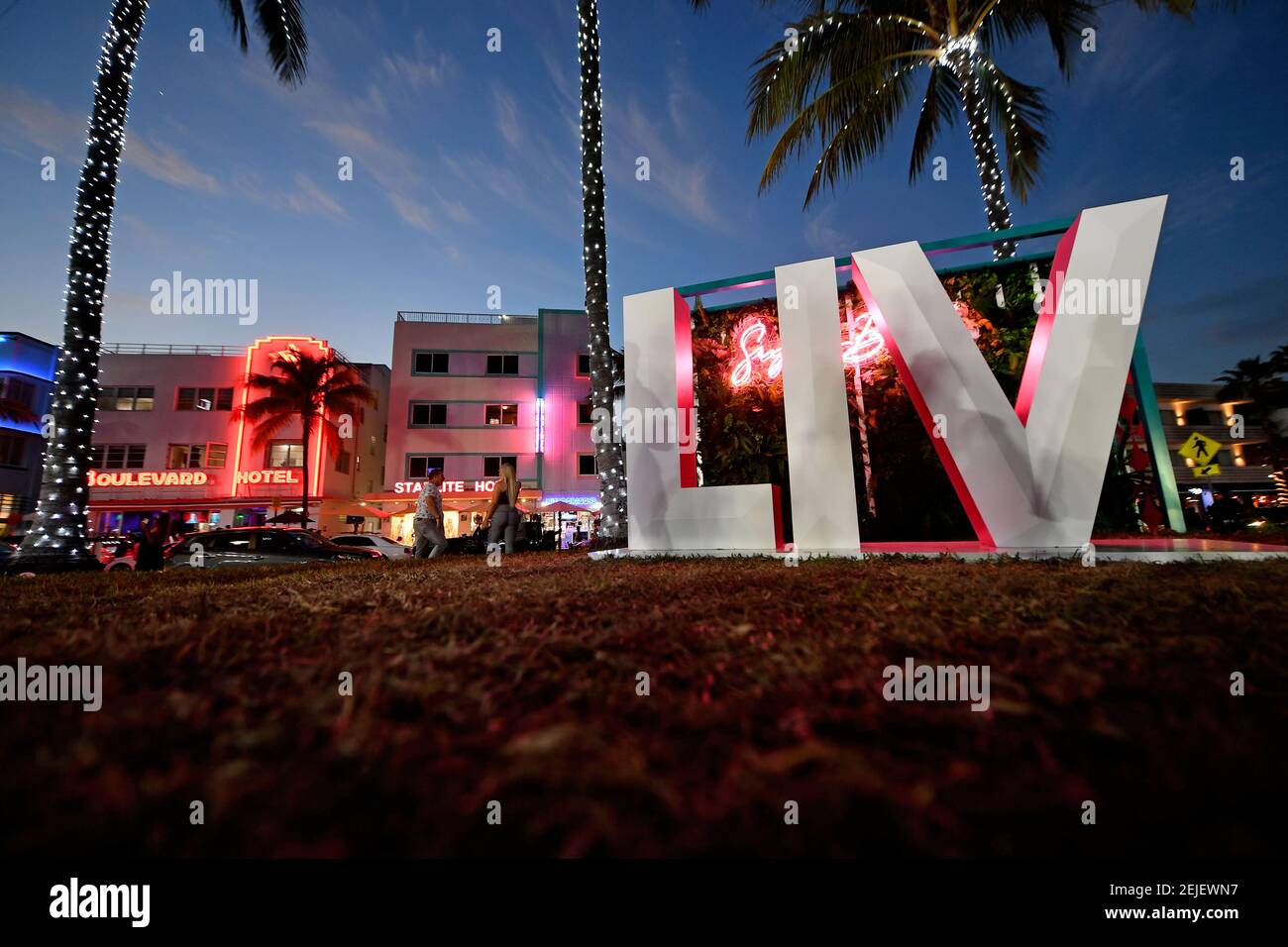 Jan 30, 2020; Miami, Florida, USA; A general view of the Super Bowl LIV logo off of Ocean Dr. in South Beach Miami prior to Super Bowl LIV between the San Francisco 49ers at Kansas City Chiefs. Mandatory Credit: Jasen Vinlove-USA TODAY Sports/Sipa USA Stock Photo