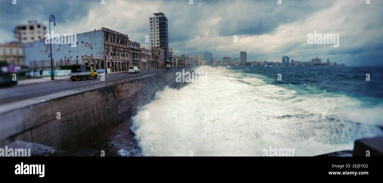 Waves splashing into the Malecon, Havana, Cuba Stock Photo