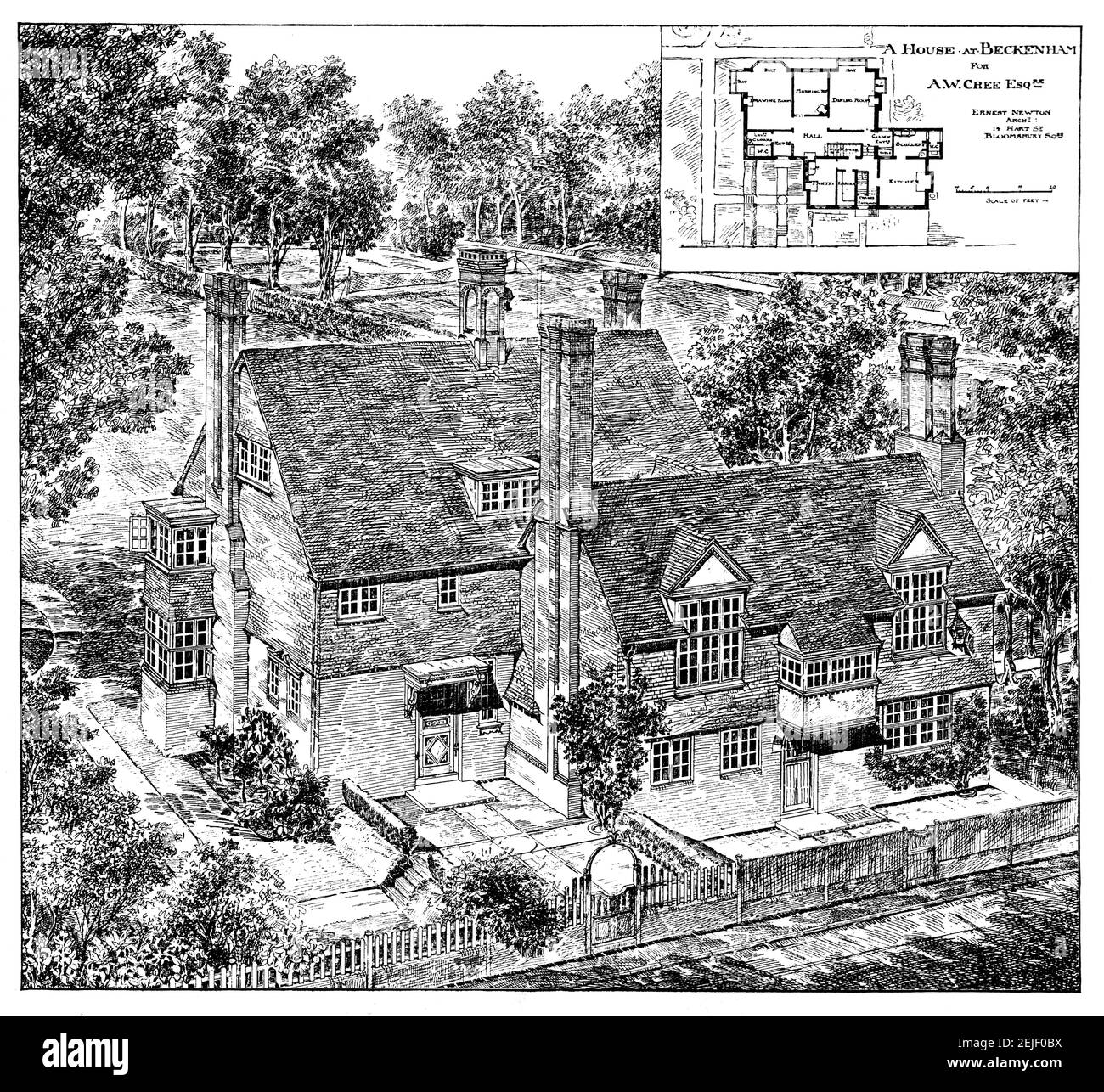 Arts and Crafts house at Beckenham for A W Cree Esq, design by Ernest Newton, Architect, by George Montague Ellwood illustration from 1899 The Studio Stock Photo