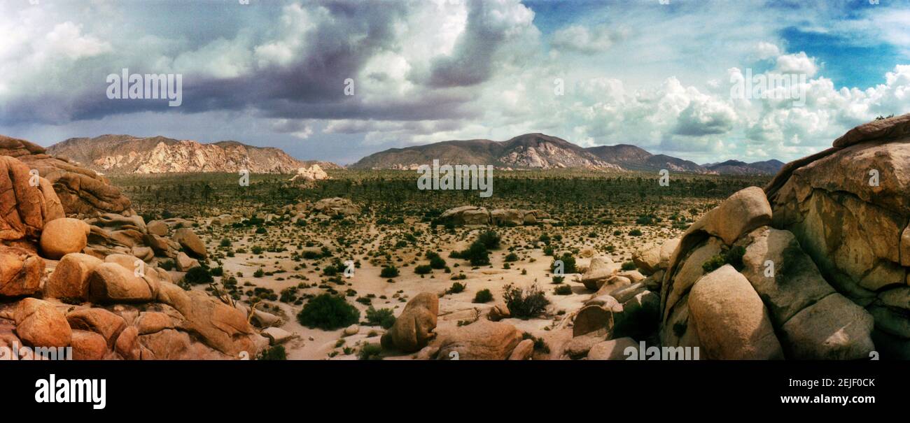 Rock formations on landscape against cloudy sky, Joshua Tree National Park, San Bernardino County, California, USA Stock Photo