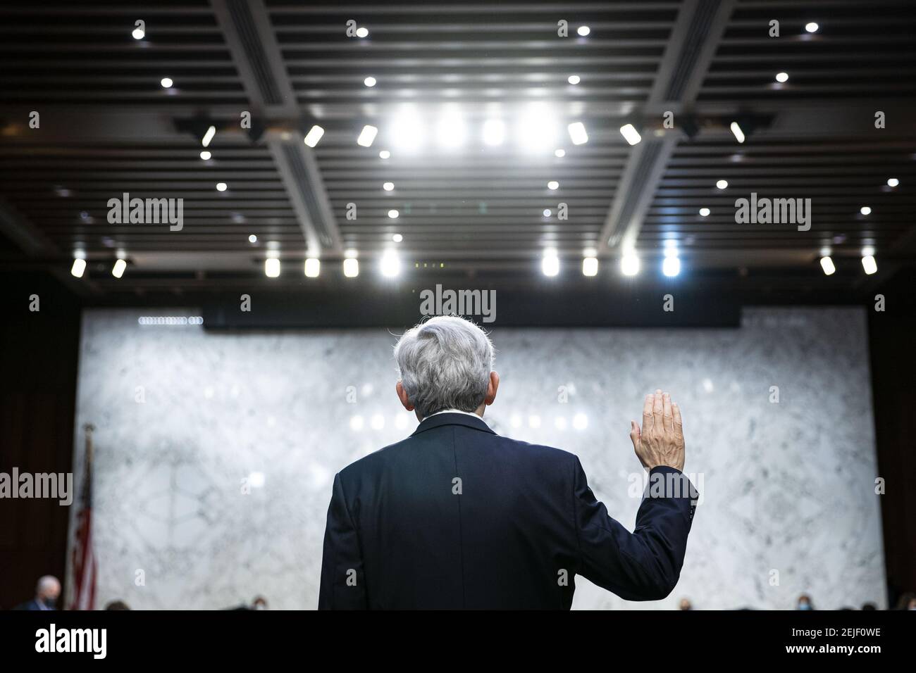 Washington, United States. 22nd Feb, 2021. Attorney General nominee Merrick Garland is sworn-in during his confirmation hearing on Capitol Hill in Washington, DC on February 22, 2021. Garland previously served at the Chief Judge for the U.S. Court of Appeals for the District of Columbia Circuit. Pool Photo by Al Drago/UPI Credit: UPI/Alamy Live News Stock Photo