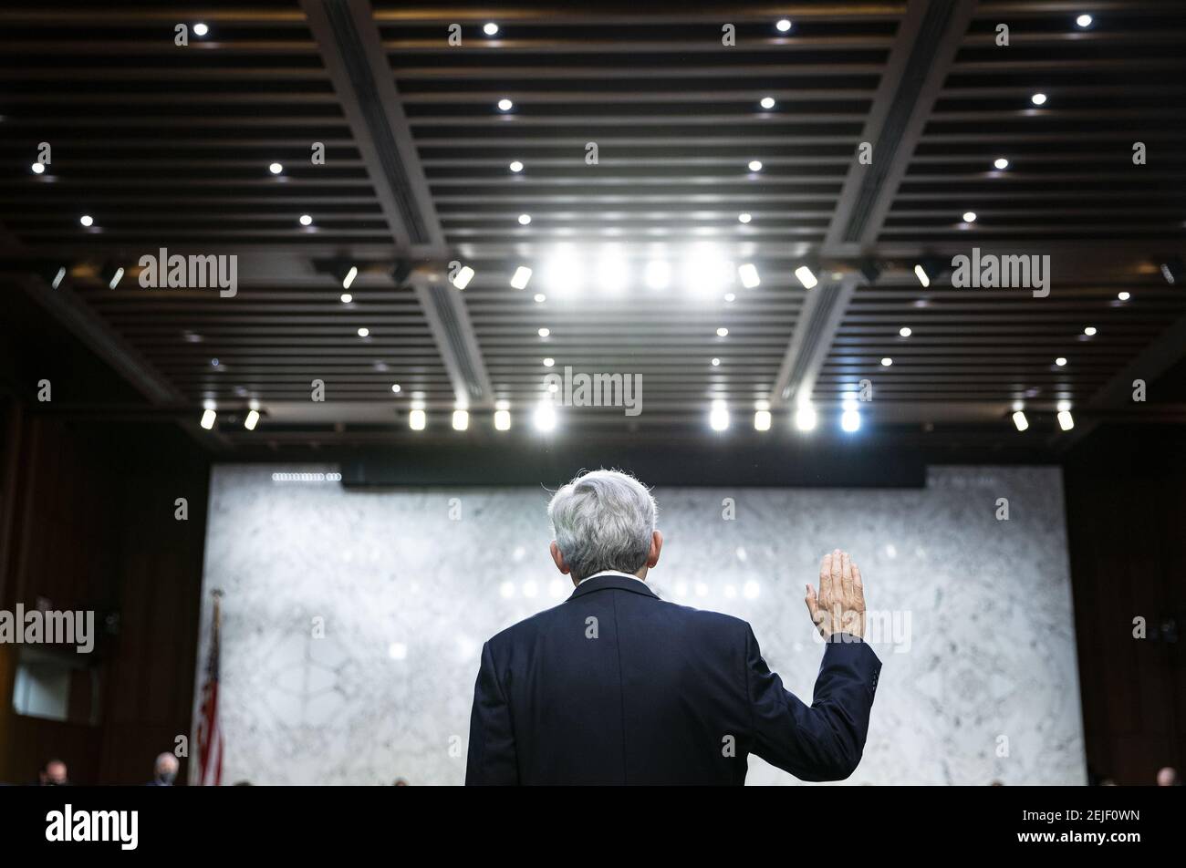 Washington, United States. 22nd Feb, 2021. Attorney General nominee Merrick Garland is sworn-in during his confirmation hearing on Capitol Hill in Washington, DC on February 22, 2021. Garland previously served at the Chief Judge for the U.S. Court of Appeals for the District of Columbia Circuit. Pool Photo by Al Drago/UPI Credit: UPI/Alamy Live News Stock Photo