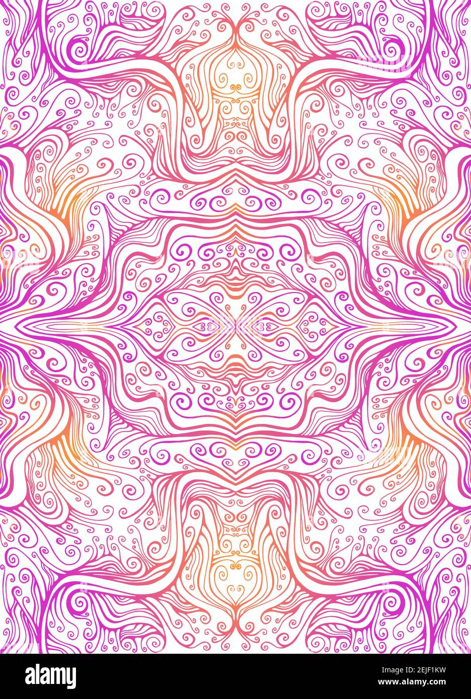 Abstract psychedelic fractal pattern, pink orange gradient color outline, isolated on white. Stock Vector