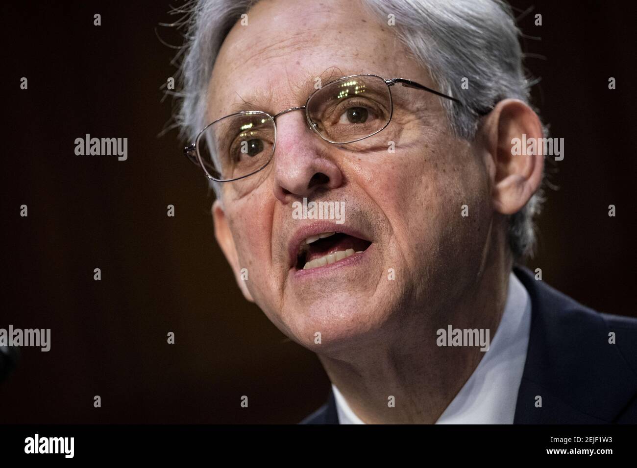 Washington, United States. 22nd Feb, 2021. Attorney General nominee Merrick Garland speaks during his confirmation hearing on Capitol Hill in Washington, DC on February 22, 2021. Garland previously served at the Chief Judge for the U.S. Court of Appeals for the District of Columbia Circuit. Pool Photo by Al Drago/UPI Credit: UPI/Alamy Live News Stock Photo