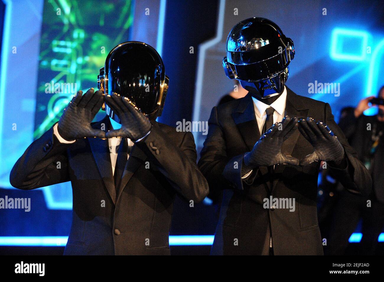 File photo dated December 11, 2010 of Musicians Thomas Bangalter and Guy-Manuel De Homem-Christo of Daft Punk attend the world premiere of Walt Disney Pictures 'Tron: Legacy' at El Capitan Theatre in Los Angeles. - Daft Punk have confirmed their break-up, after a career spanning over 28 years. The Parisian duo, who are considered to be one of the most influential electronic acts of all time, confirmed the news in an eight-minute video called 'Epilogue' Photo by Lionel Hahn/ABACAPRESS.COM Stock Photo