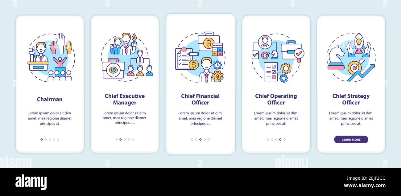 Top management positions onboarding mobile app page screen with ...