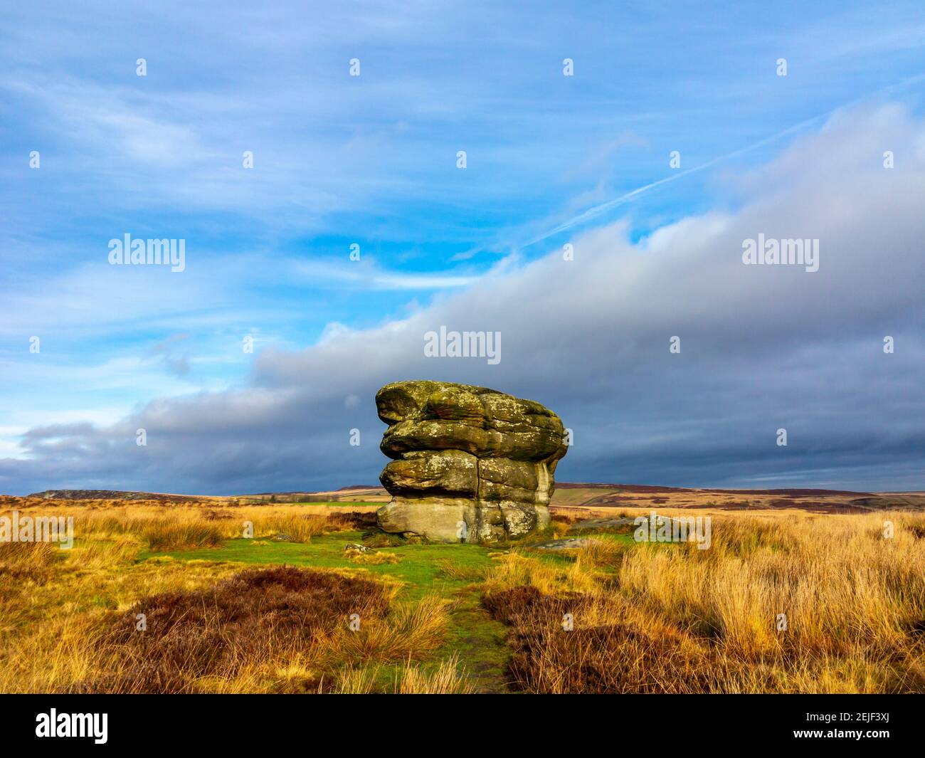 Winter view of the Eagle Stone rock formation near Baslow in the Peak District National Park Derbyshire England UK Stock Photo