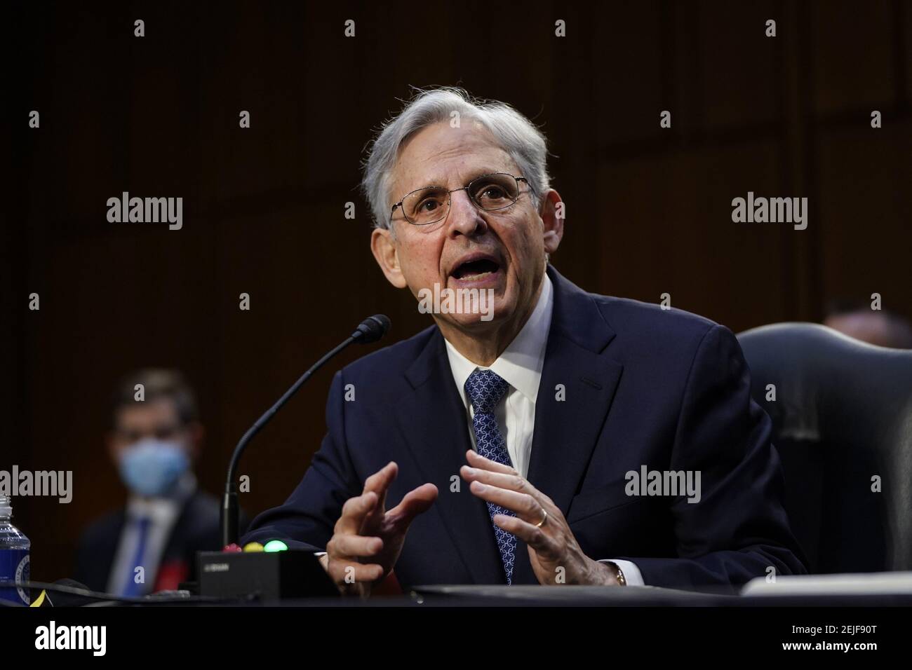 Washington, United States. 22nd Feb, 2021. Attorney General nominee Merrick Garland testifies during his confirmation hearing before the Senate Judiciary Committee in the Hart Senate Office Building on Capitol Hill in Washington, DC on February 22, 2021. Garland previously served at the Chief Judge for the U.S. Court of Appeals for the District of Columbia Circuit. Pool Photo by Drew Angerer/UPI Credit: UPI/Alamy Live News Stock Photo