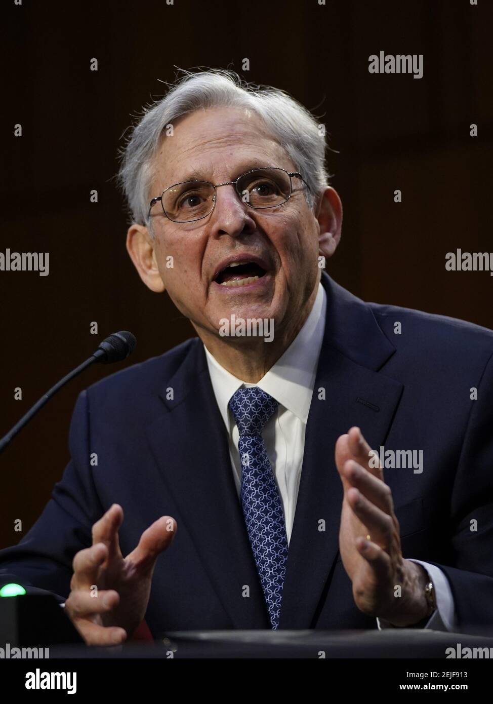 Washington, United States. 22nd Feb, 2021. Attorney General nominee Merrick Garland testifies during his confirmation hearing before the Senate Judiciary Committee in the Hart Senate Office Building on Capitol Hill in Washington, DC on February 22, 2021. Garland previously served at the Chief Judge for the U.S. Court of Appeals for the District of Columbia Circuit. Pool Photo by Drew Angerer/UPI Credit: UPI/Alamy Live News Stock Photo