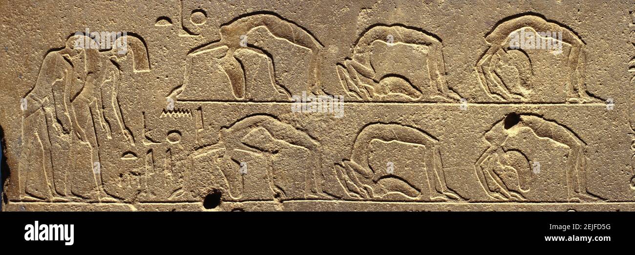 Egyptian hieroglyphs on the wall of temple, Luxor Museum, Luxor, Egypt Stock Photo
